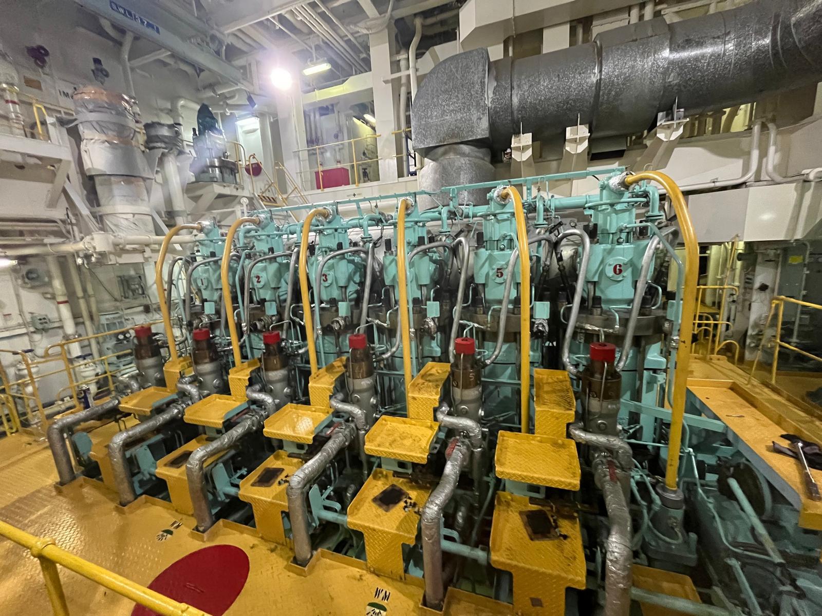 Multi-cylinder marine diesel in the engine room